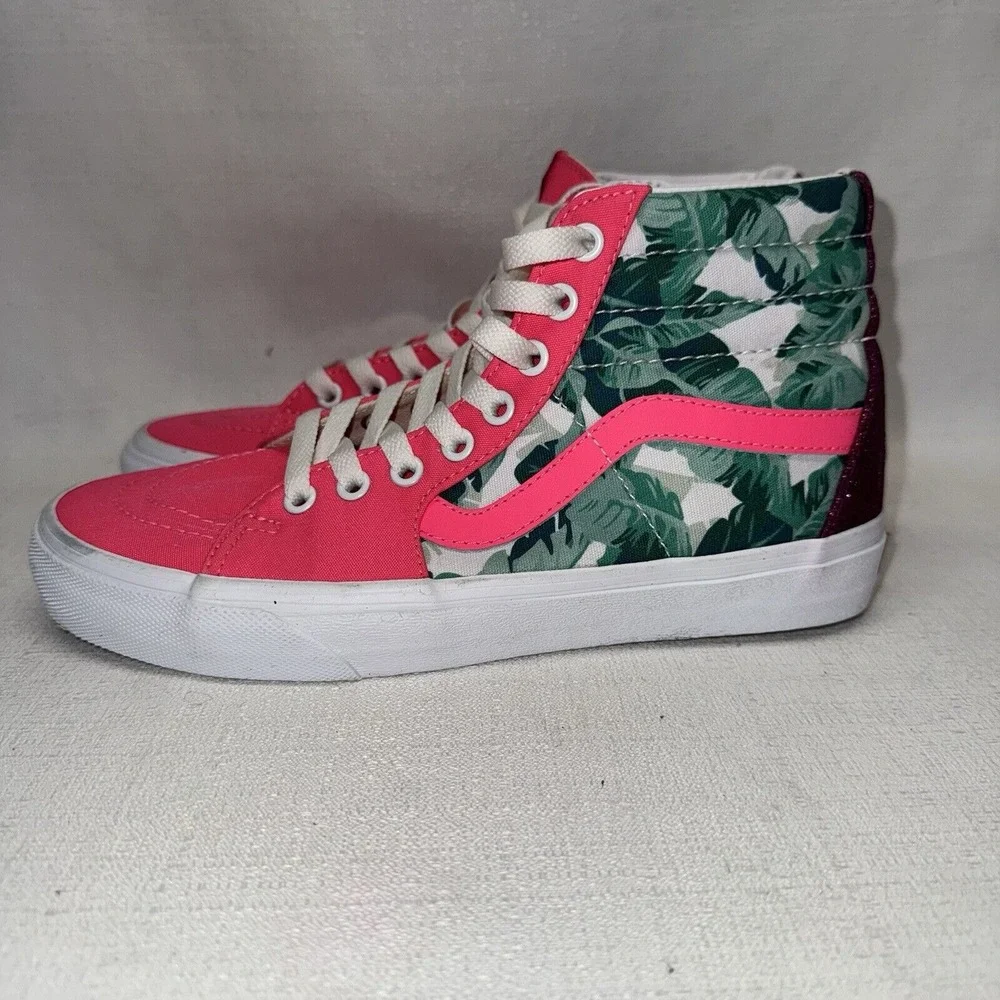 Vans Sk8-Hi High Top Women 7.5 Pink Tropical Leaf Glitter Krewe Kanaval Skater‎
